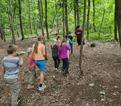 Kinder laufen im Wald hintereinander mit einem Spiegel in der Hand
